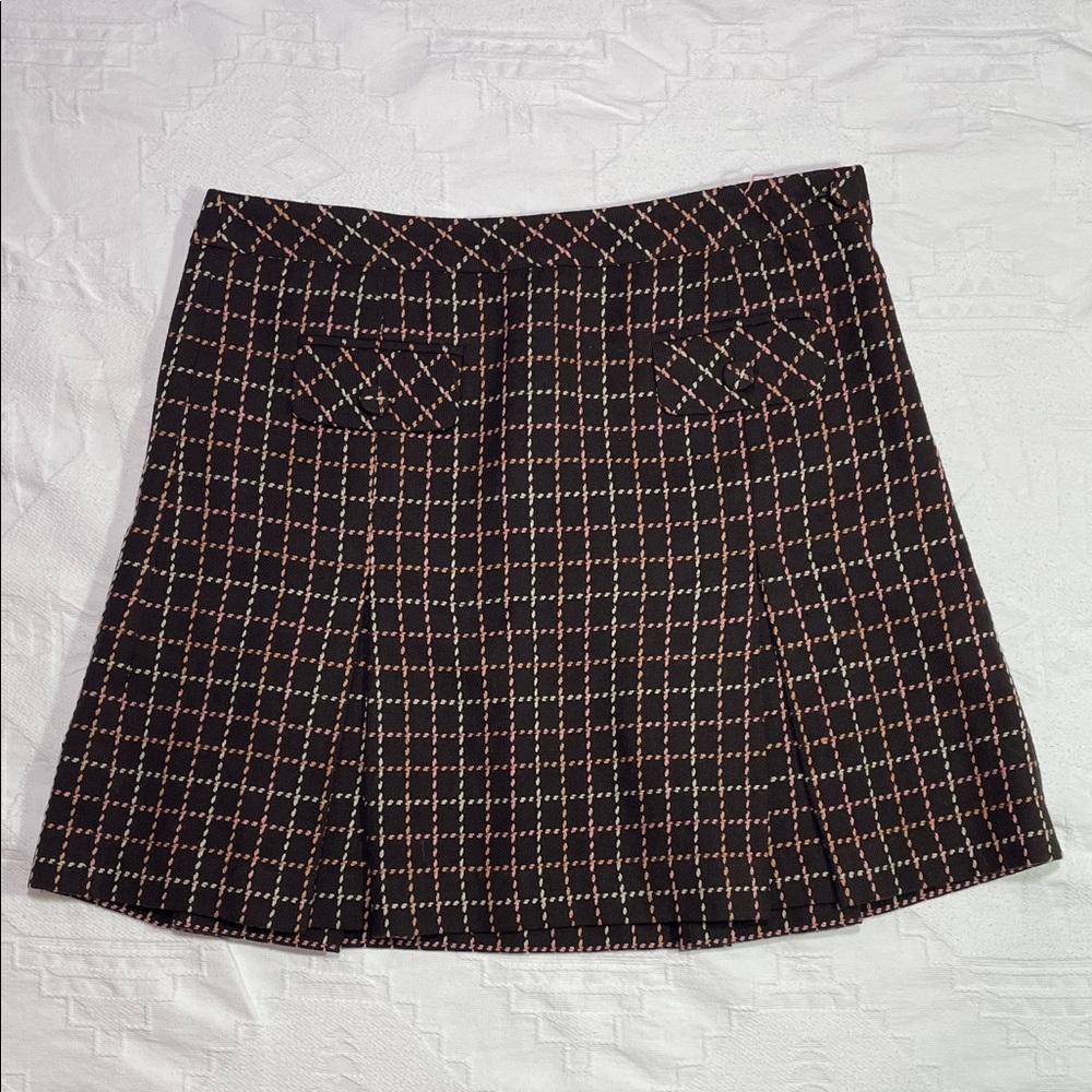 Y2K Brown, Pink & Cream Wool Tweed Pleated Mini Skirt Ann Taylor Loft Size 10